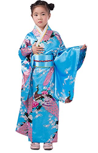 Yue Lian Mädchen Blumen & Pfau Kimono mit Obi-Gürtel