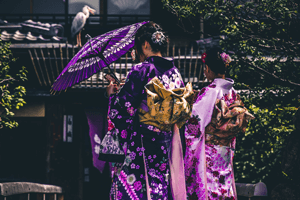 Frauen im Kimono mit Kranich auf dem Dach