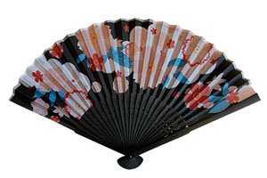 schwarzer sensu fächer mit bunten blüten und blumen motiv