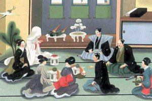 Gemälde mit vielen japanern. Es sieht sehr alt aus und die Menschen auf dem Bild tragen Kimonos und Haori.